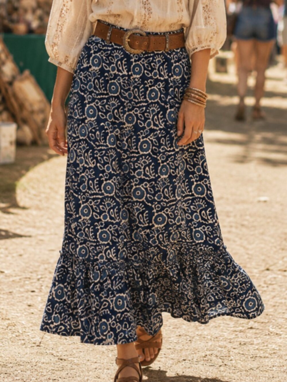 Luna Moon Flowy Maxi Skirt Tiered Blue Hippie Feminine Bohemian Peasant Skirt